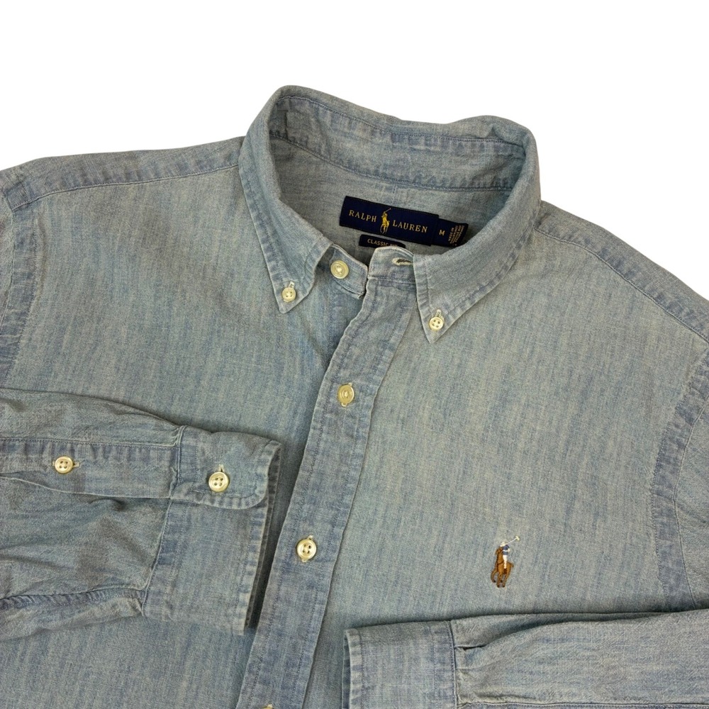 Ralph Lauren Button Down Shirt Mens M Blue Chambray Classic Fit Long Sleeve Pony